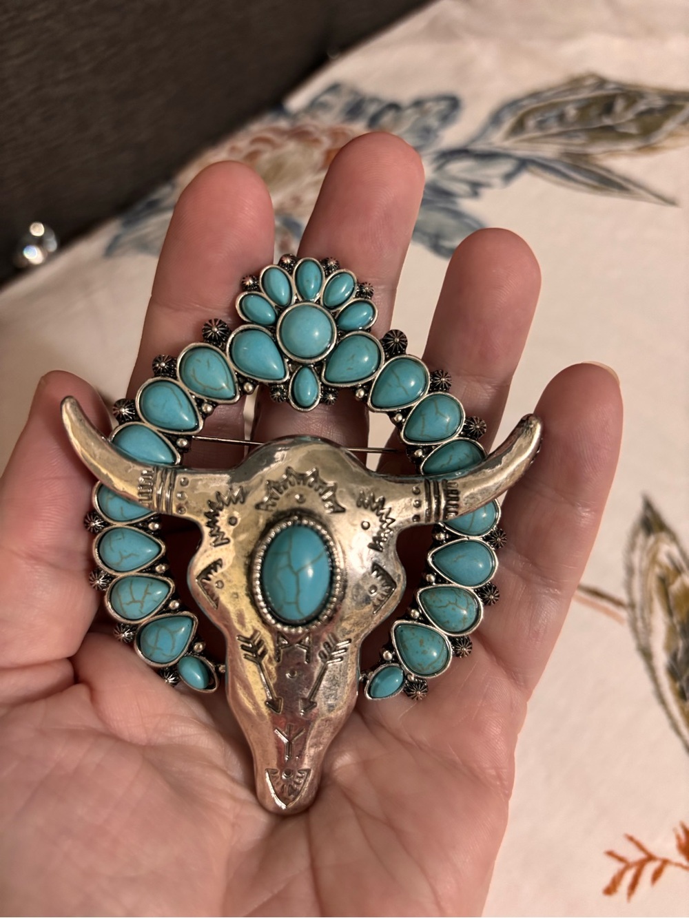 Aratta Turquoise and Silver Bull Skull Brooch